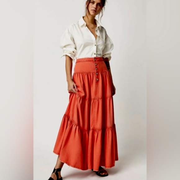 Free People Dreamweaver Denim Maxi Skirt In Firecracker Orange | We The Free - Picture 3 of 14